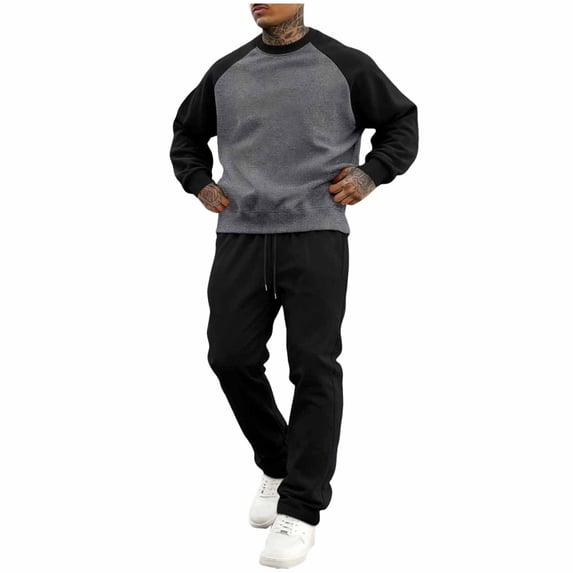 Mens Fleece Track Suits 2 Piece Set Patchwork Crewneck Sweatsuits Joggers Suit Sets Athletic Shirt Sweatpants Outfits