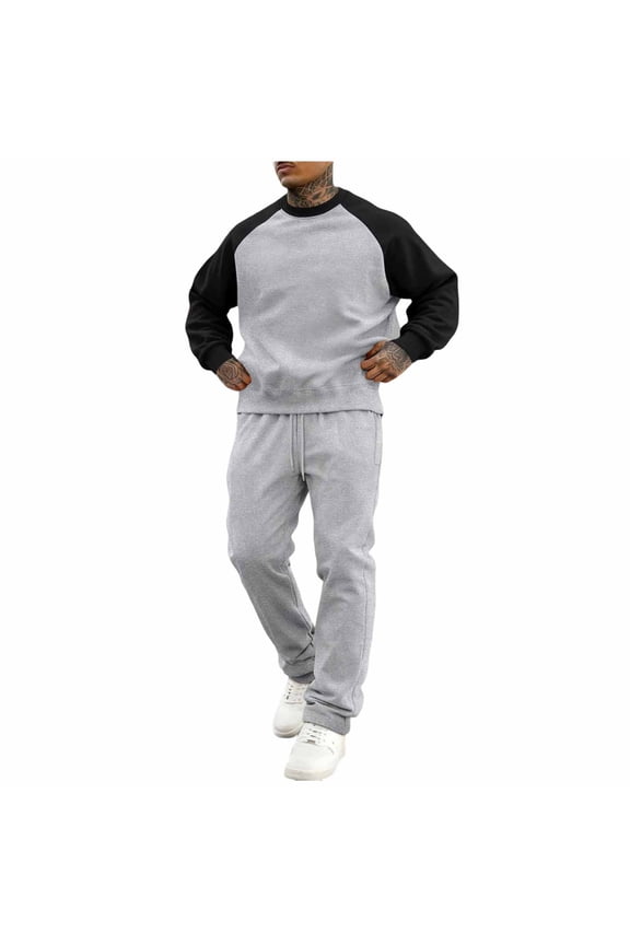 Mens Fleece Track Suits 2 Piece Set Patchwork Crewneck Sweatsuits Joggers Suit Sets Athletic Shirt Sweatpants Outfits