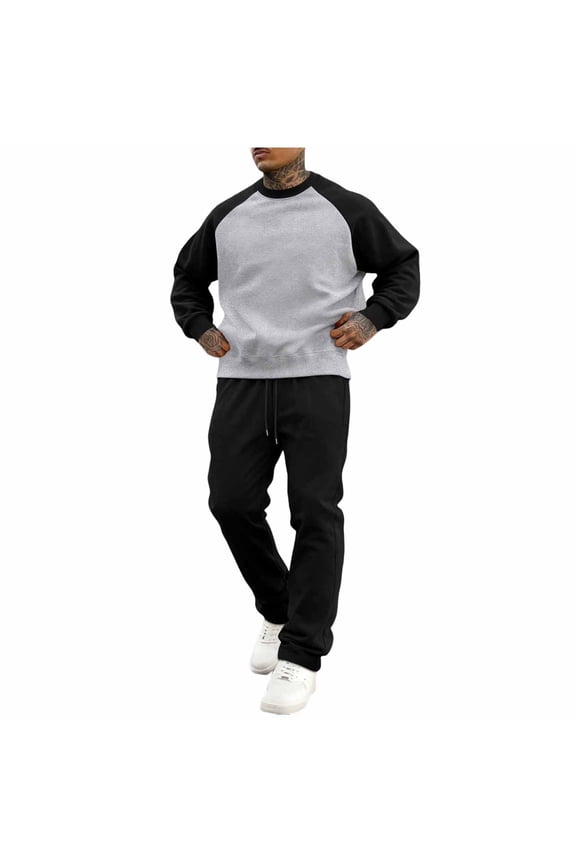 Mens Fleece Track Suits 2 Piece Set Patchwork Crewneck Sweatsuits Joggers Suit Sets Athletic Shirt Sweatpants Outfits