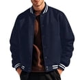 thumbnail image 1 of TOMVIGX Mens Fleece Varsity Jacket Button Down College Style Sports Jacket Warm Polar Fleece Windbreaker Retro Striped Stand Collar Baseball Coat Casual Letterman Bomber Outerwear Navy XL, 1 of 4