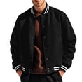 thumbnail image 1 of Mens Fleece Varsity Jacket Casual Stand Collar Snap Button Baseball Bomber Coat Retro Solid Outerwear for Fall Winter, 1 of 4