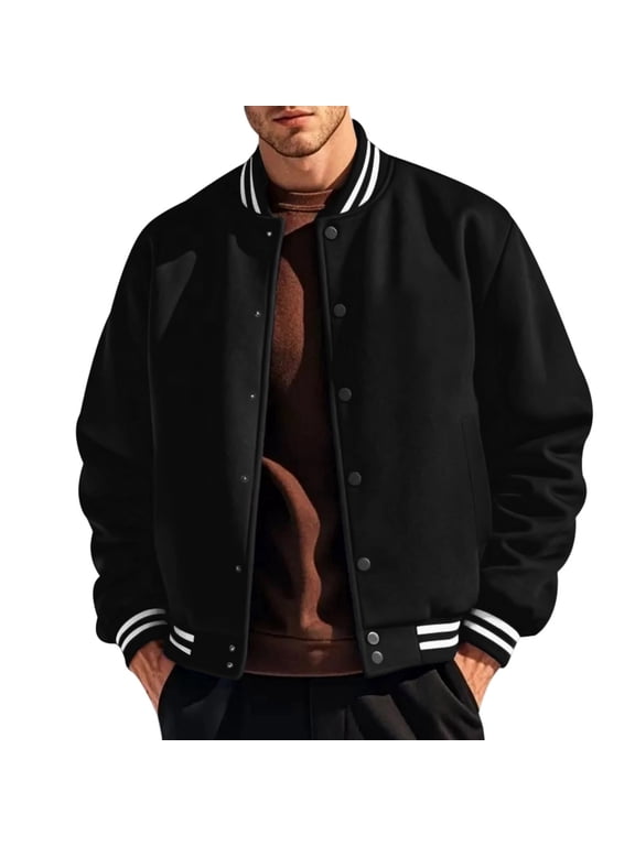 Mens Fleece Varsity Jacket Casual Stand Collar Snap Button Baseball Bomber Coat Retro Solid Outerwear for Fall Winter