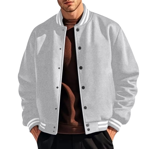 TOMVIGX Mens Fleece Varsity Jacket Button Down College Style Sports Jacket Warm Polar Fleece Windbreaker Retro Striped Stand Collar Baseball Coat Casual Letterman Bomber Outerwear Light Gray 2XL