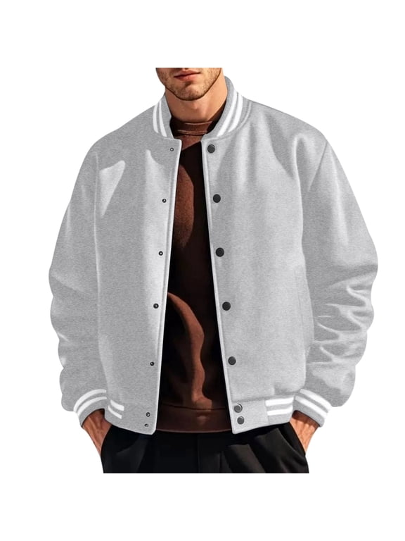 Mens Fleece Varsity Jacket Button Down College Style Sports Jacket Warm Polar Fleece Windbreaker Retro Striped Stand Collar Baseball Coat Casual Letterman Bomber Outerwear Light Gray 3XL