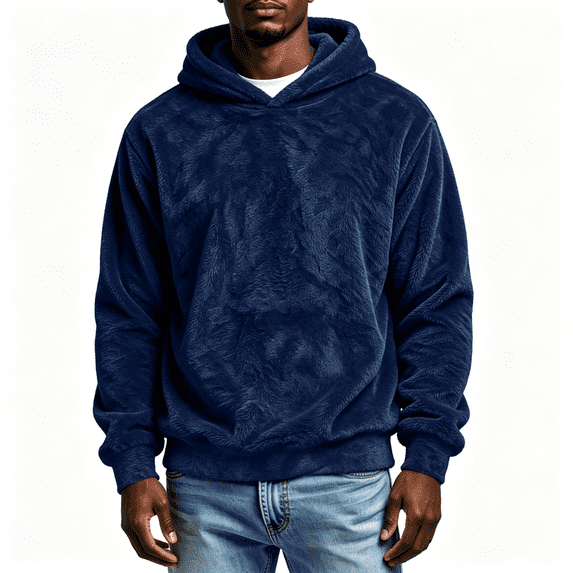 Mens Fleece Winter Hoodie Long Sleeve Casual Loose Fit Warm Pullover Sweatshirt Navy 2XL