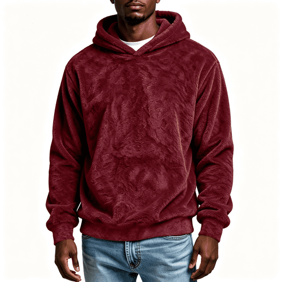Mens Fleece Winter Hoodie Warm Loose Fit Casual Long Sleeve Pullover Sweatshirt Wine 3XL