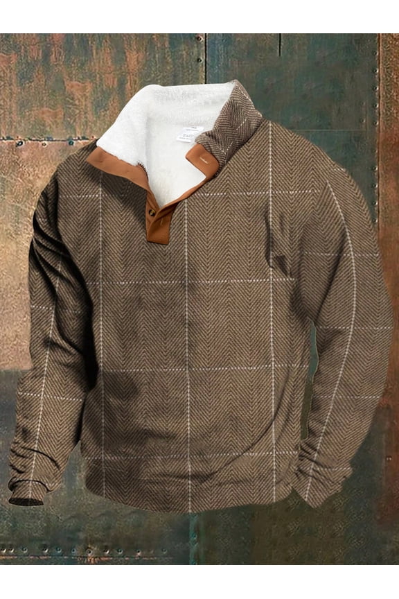 Mens Fleece Winter Sweatshirt, Men Fashion Casual Relaxed Comfortable Western Long Sleeve Casual Pullover Regular Fit Tops Vintage Classic Lightweight Work Casual Jumpers Brown XL