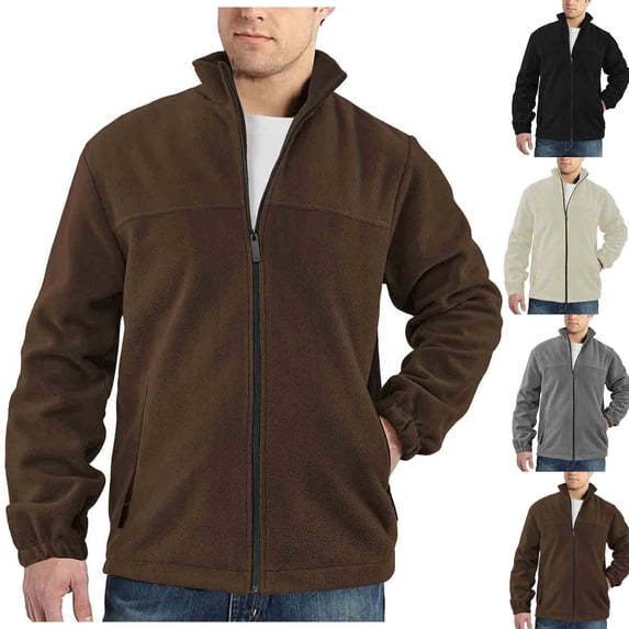 Mens Fleece Zip up Jackets - Lightweight Zip Mock Neck Sweatshirt No Hood Front Zipper Solid Color Long Sleeve Fall Jackets with Side Pockets, Xl
