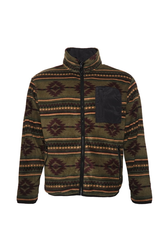 Mens Fleece Zipper Jacket Warm Aztec Geometric Print Pocket HK80044 Olive S