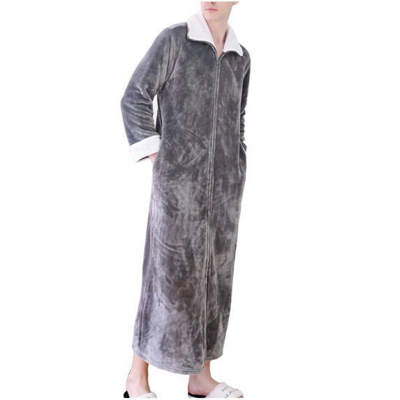Mens Fleece house coat long Robe fuzzy Flannel Zip Front stand collar Bathrobe with Pockets Soft Warm winter loungewear Gray M