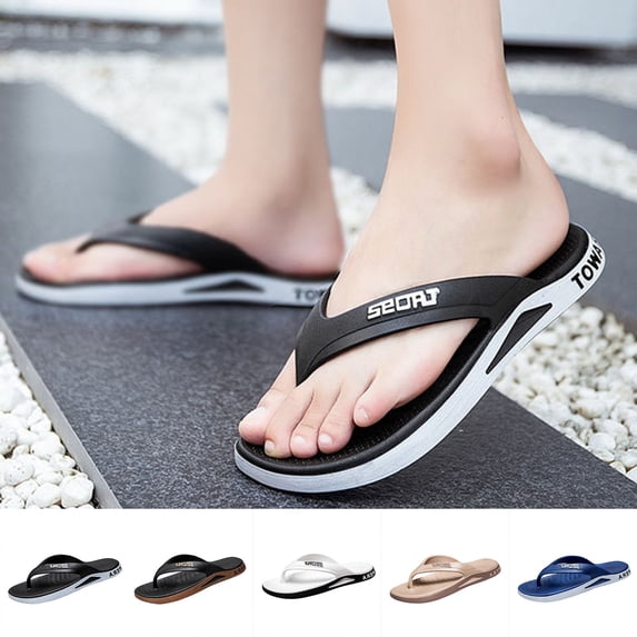 Mens Flip-Flops Slip-on Flat Heel Non-Slip Slides Thong Men's Bathroom Shower Shoes House Slippers Lightweight Beach Sandals