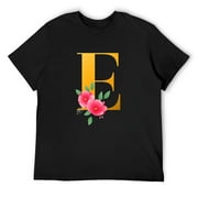 Mens Floral Alphabet E Cute Initial Monogram Letter E Graphic T-Shirt Black Small