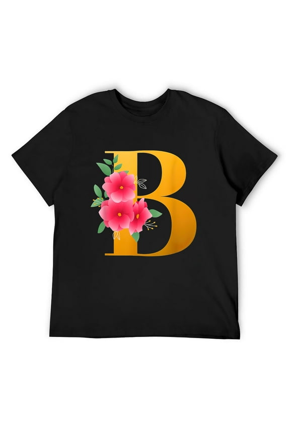 Mens Floral B Alphabet Cute Initial Monogram Letter B Graphic T-Shirt Black 3X-Large