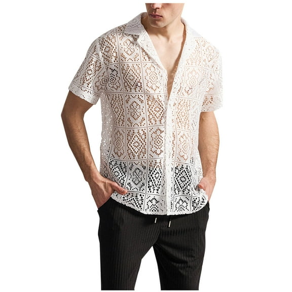 Mens Floral Lace Shirt See Through Casual Button Down Shirts