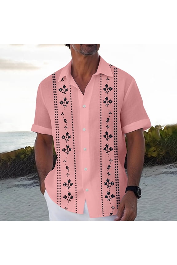Mens Floral Print Shirt Guayabera Cuban Short Sleeve Button Down Summer Beach Hippie Shirts