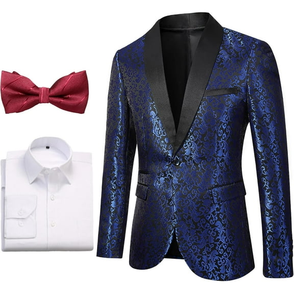 Mens Floral Tuxedo Jacket White Dress Shirt and Burgundy Bow Tie Set Shawl Lapel Suit Blazer for Wedding Dinner Party