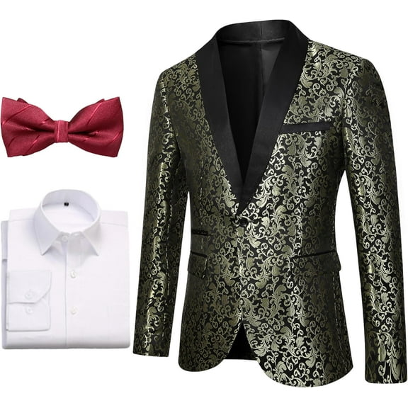 Mens Floral Tuxedo Jacket White Dress Shirt and Burgundy Bow Tie Set Shawl Lapel Suit Blazer for Wedding Dinner Party