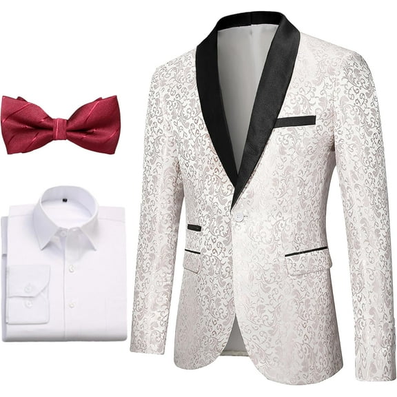 Mens Floral Tuxedo Jacket White Dress Shirt and Burgundy Bow Tie Set Shawl Lapel Suit Blazer for Wedding Dinner Party