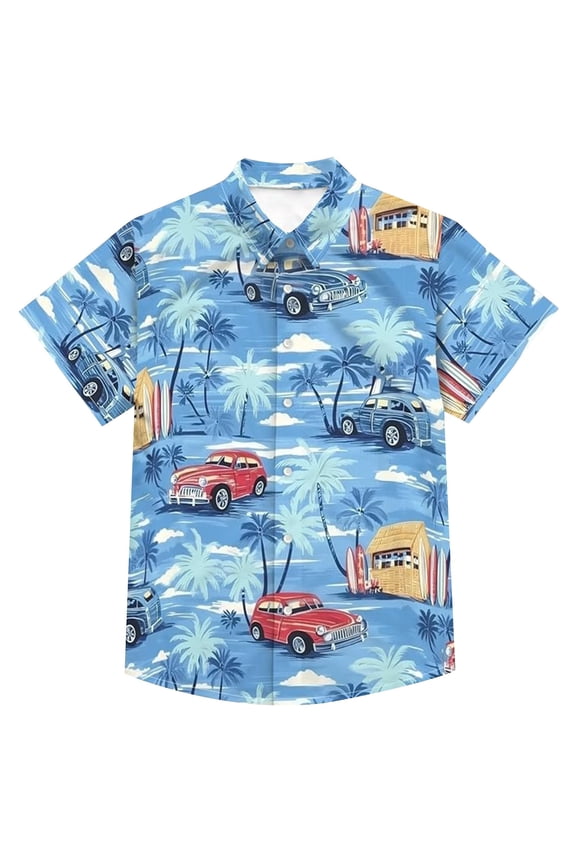 Mens Flower Button Down Short Sleeve Car Print Hawaiian Shirt Aloha Holiday Shirt Blue XL