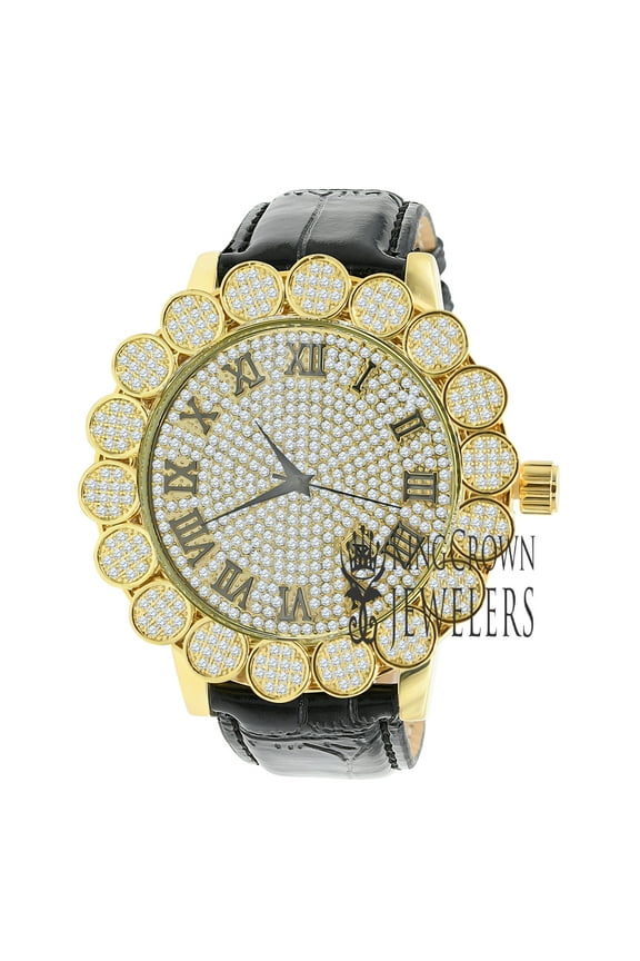 Mens Flower Cluster Bezel Real Diamond Dial Designer Watch Roman Numbers Gold Finish Genuine Leather Band