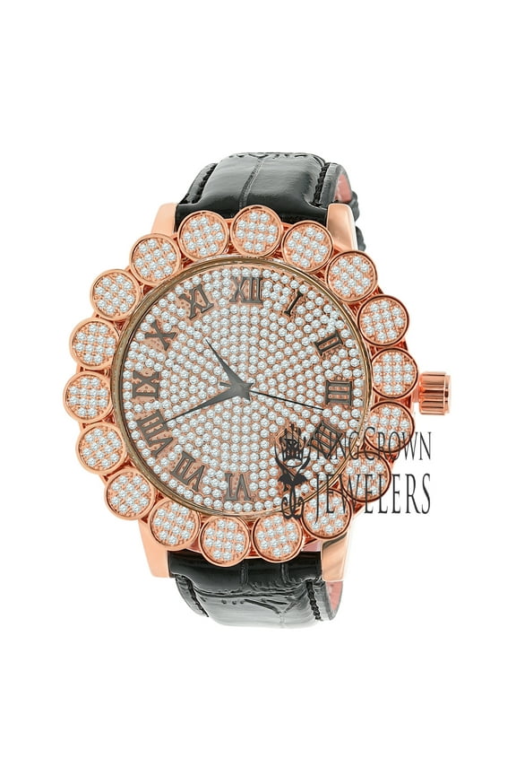 Mens Flower Cluster Bezel Real Diamond Dial Designer Watch Roman Numbers Rose Gold Finish Genuine Leather Band