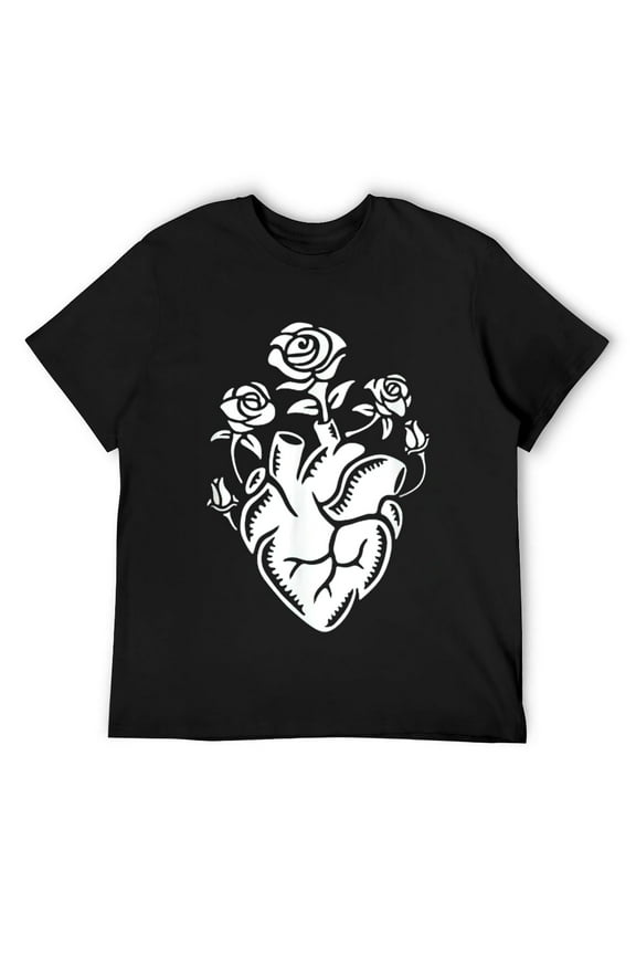 Mens Flower Floral Heart Health Art Illustration Minimal Esoteric T-Shirt Black