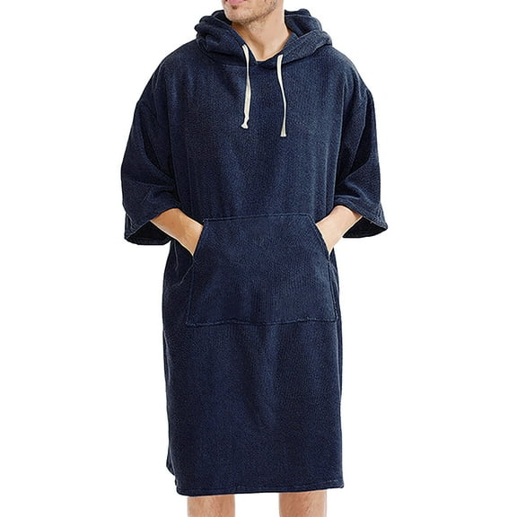 Mens Fluffy Robe Long Plush Hoodies Sweater Non Cardigan Wool Bathrobe Spa Robe Bathrobes Sleepwear Navy One Size