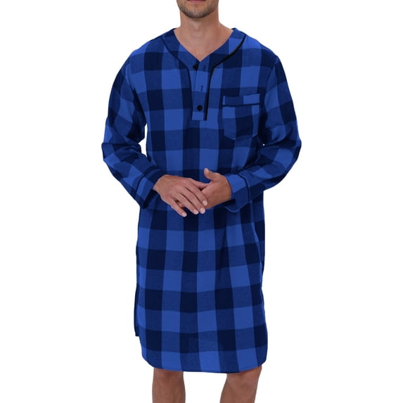 Mens Fluffy Robe Long Plush Plaid Print With Pockets Blend Flannel Long Sleeve Sleep Nightshirt Loungewear Blue M