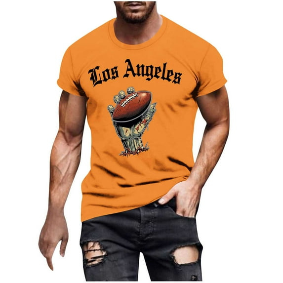 Mens Football T-Shirts Short Sleeve Rugby Printed Graphic Tees Summer Top Crewneck Casual Sport Funny Tshirts (2XL, Orange)