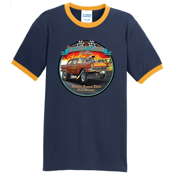 Mens Ford '57 Gasser 1957 100% Cotton Ringer Tee Shirt, 2XL Navy/Gold