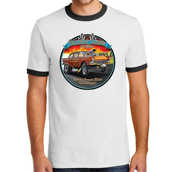 Mens Ford '57 Gasser 1957 100% Cotton Ringer Tee Shirt, 2XL White/Black