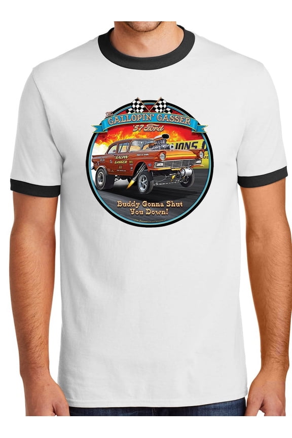Mens Ford '57 Gasser 1957 100% Cotton Ringer Tee Shirt, 2XL White/Black