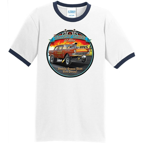 Mens Ford '57 Gasser 1957 100% Cotton Ringer Tee Shirt, Large White/Navy
