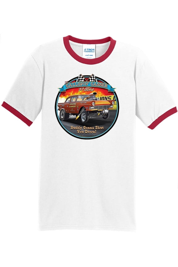 Mens Ford '57 Gasser 1957 100% Cotton Ringer Tee Shirt, Medium White/Red