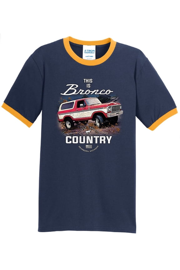 Mens Ford Bronco Country 100% Cotton Ringer Tee Shirt, Small Navy/Gold