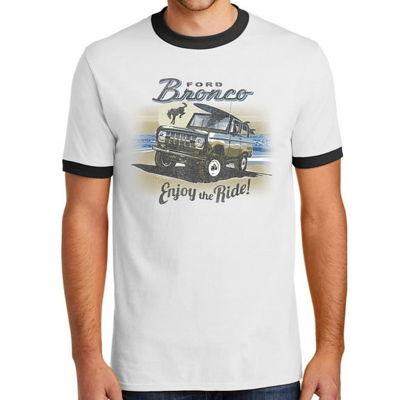 Mens Ford Bronco Enjoy the Ride 100% Cotton Ringer Tee Shirt, Large White/Black