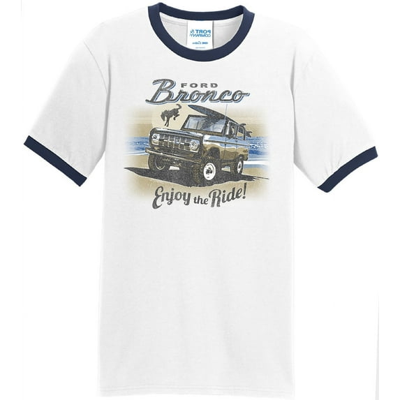 Mens Ford Bronco Enjoy the Ride 100% Cotton Ringer Tee Shirt, Large White/Navy