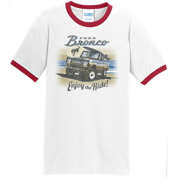 Mens Ford Bronco Enjoy the Ride 100% Cotton Ringer Tee Shirt, Medium White/Red
