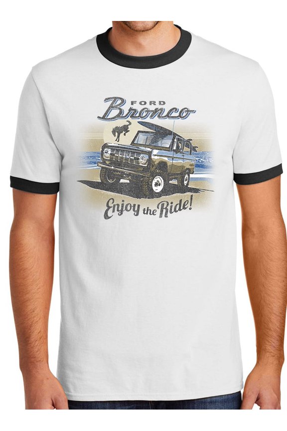 Mens Ford Bronco Enjoy the Ride 100% Cotton Ringer Tee Shirt, Small White/Black