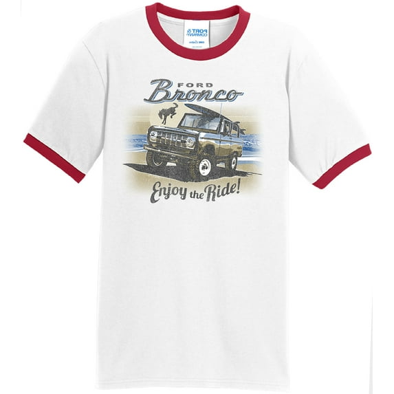 Mens Ford Bronco Enjoy the Ride 100% Cotton Ringer Tee Shirt, Small White/Red