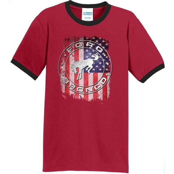 Mens Ford Bronco Truck Flag 100% Cotton Ringer Tee Shirt, 4XL Red/Black
