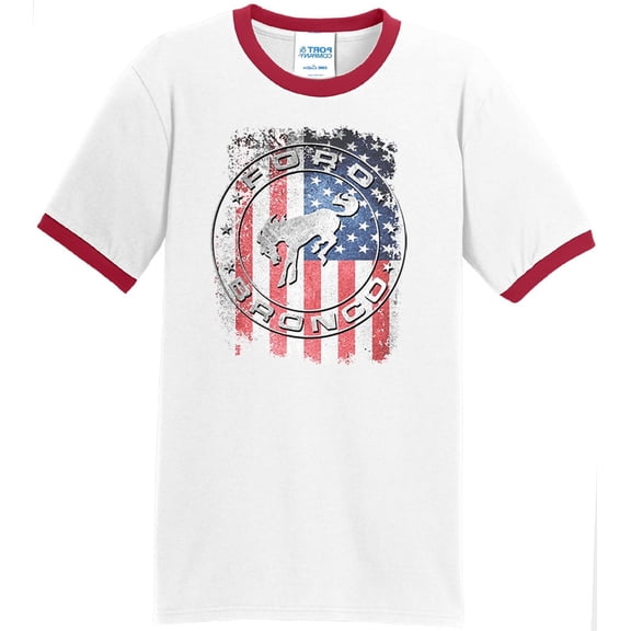 Mens Ford Bronco Truck Flag 100% Cotton Ringer Tee Shirt, Large White/Red