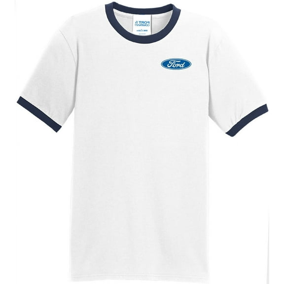 Mens Ford Classic Logo Emblem 100% Cotton Ringer Tee Shirt, 3XL White/Navy