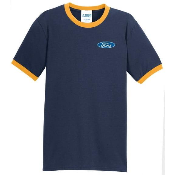 Mens Ford Classic Logo Emblem 100% Cotton Ringer Tee Shirt, 4XL Navy/Gold