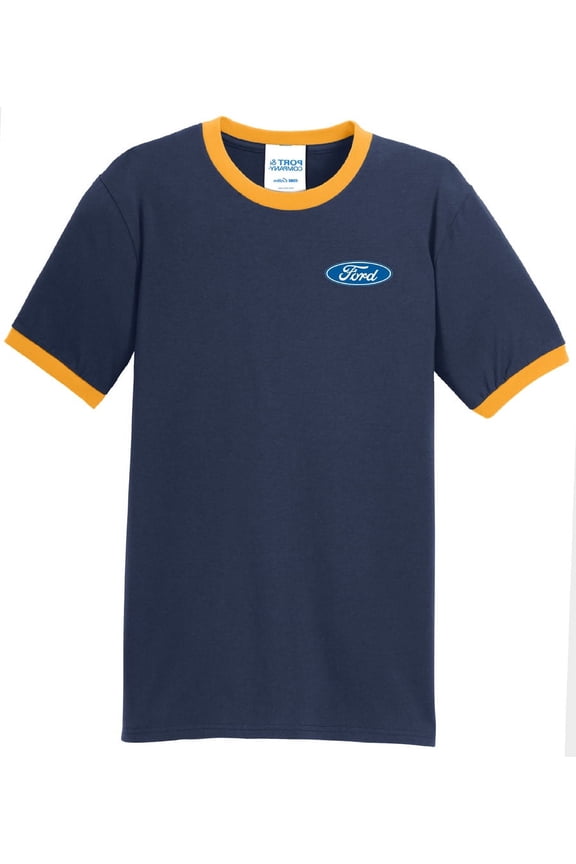Mens Ford Classic Logo Emblem 100% Cotton Ringer Tee Shirt, Large Navy/Gold