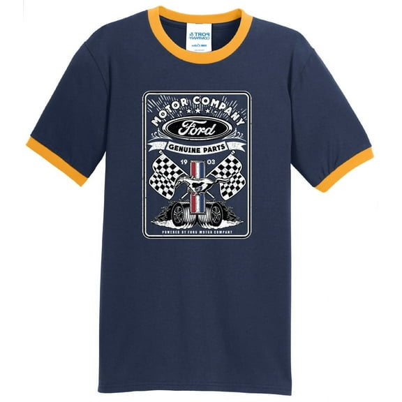 Mens Ford Flags Genuine Parts 100% Cotton Ringer Tee Shirt, 4XL Navy/Gold
