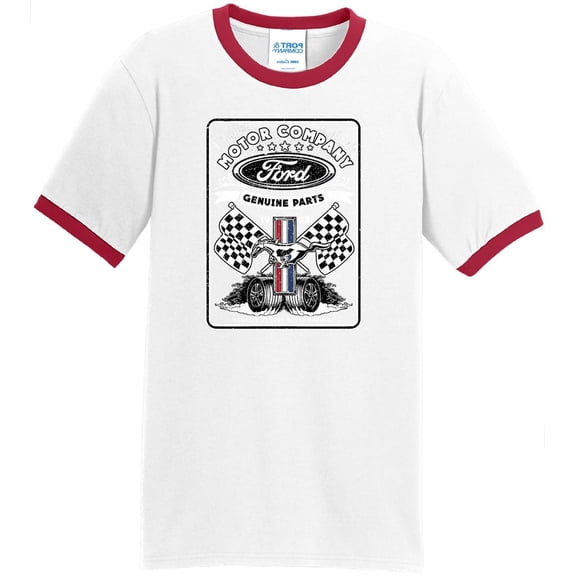 Mens Ford Flags Genuine Parts 100% Cotton Ringer Tee Shirt, Large White/Red