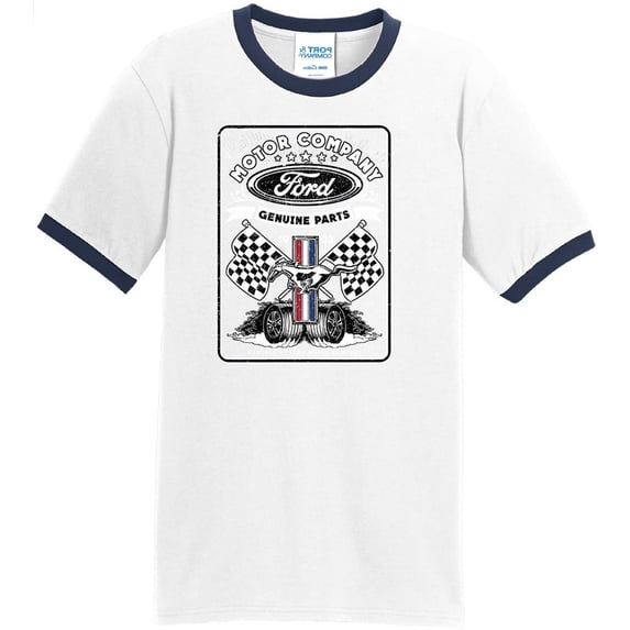 Mens Ford Flags Genuine Parts 100% Cotton Ringer Tee Shirt, Medium White/Navy