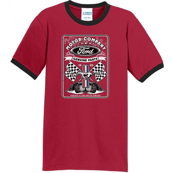 Mens Ford Flags Genuine Parts 100% Cotton Ringer Tee Shirt, Small Red/Black