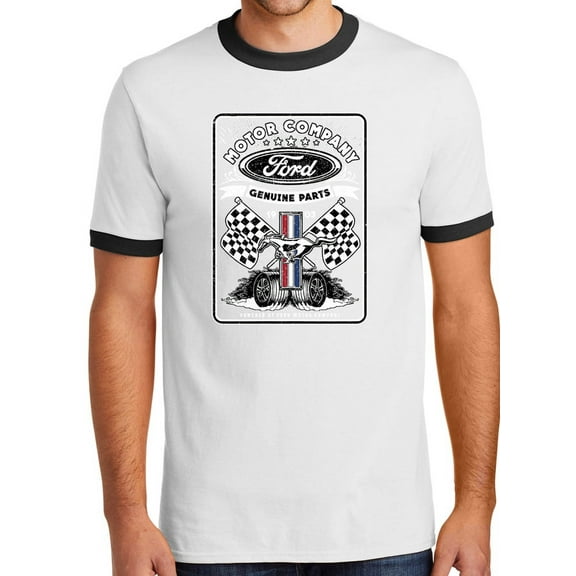 Mens Ford Flags Genuine Parts 100% Cotton Ringer Tee Shirt, XL White/Black